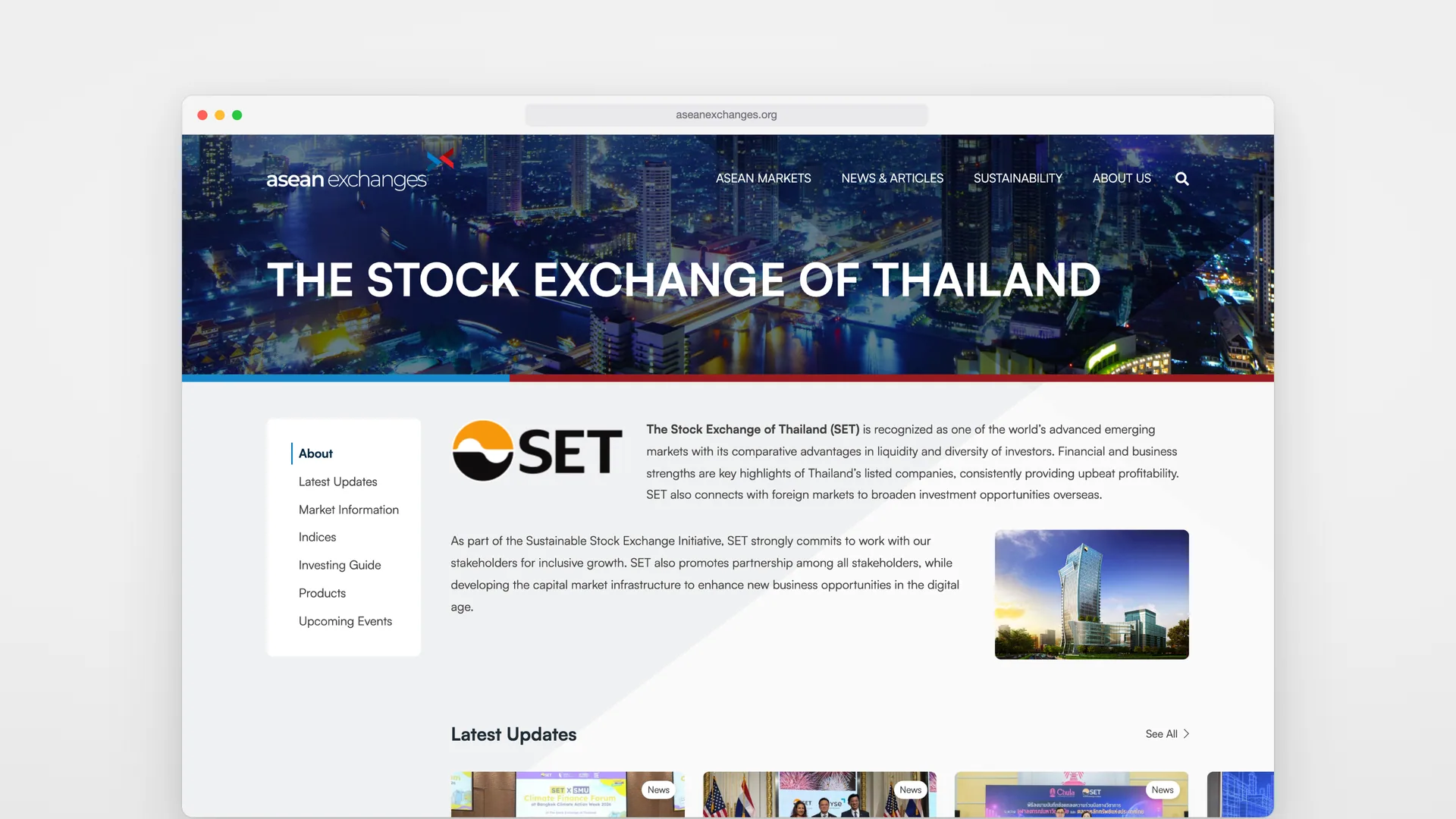 The Stock Exchange of Thailand’s page on desktop: the exchange’s introduction, a menu of its sections and its latest updates