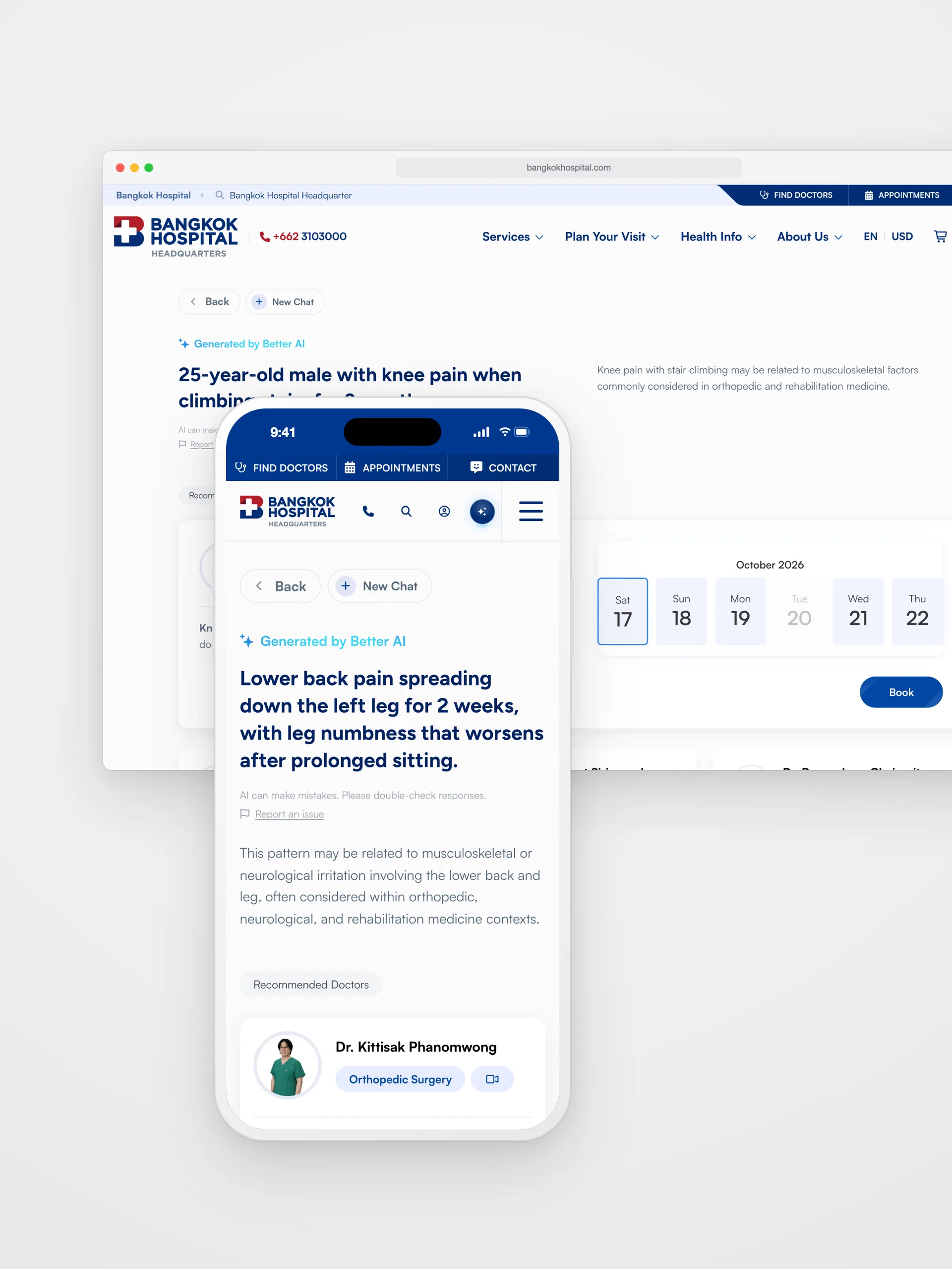 Better AI results on desktop and mobile: summaries of knee pain and of lower back pain, and a recommended orthopaedic surgeon
