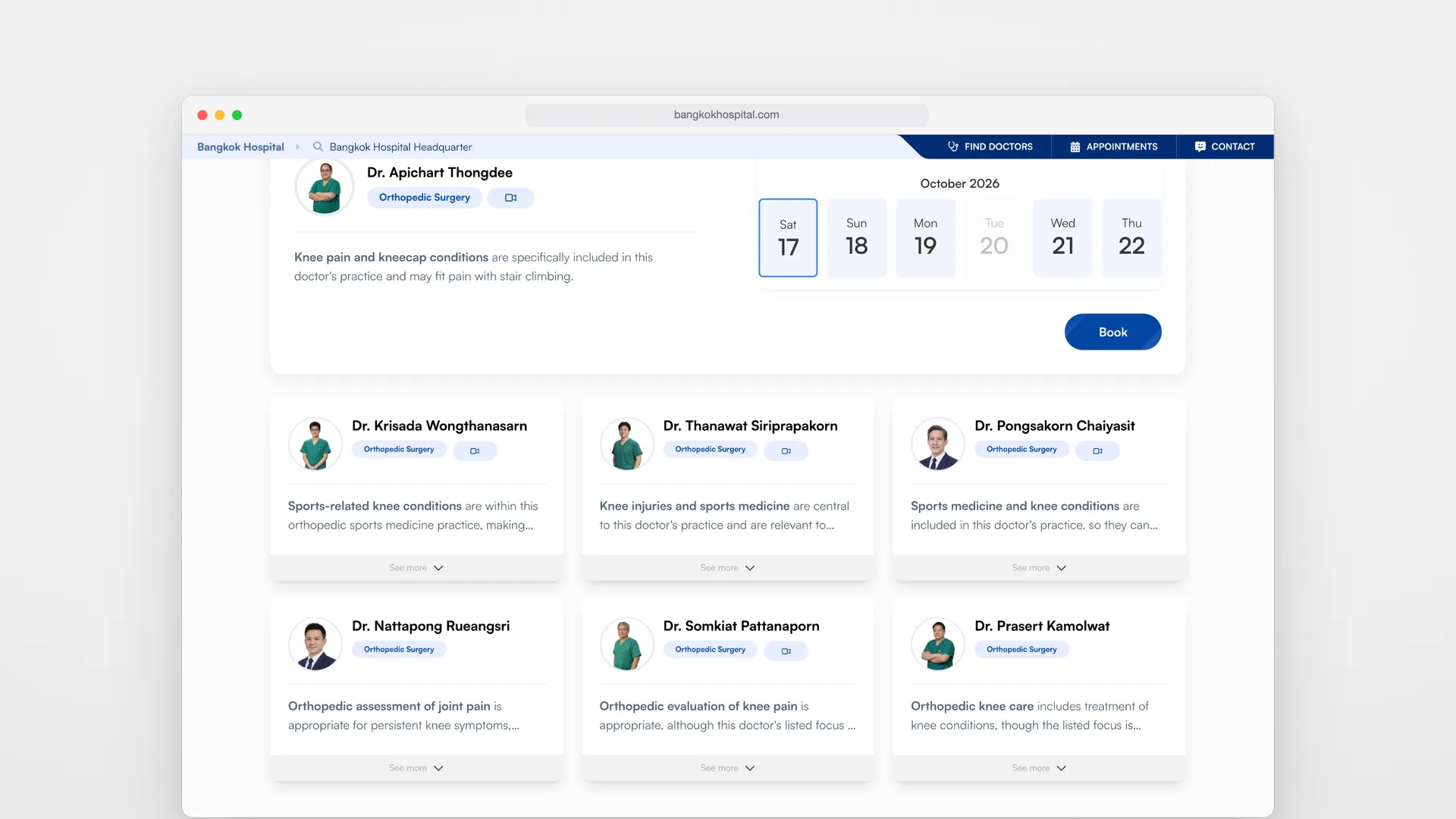 Better AI results on desktop: an orthopaedic surgeon with open dates and Book, three more surgeons below, and the Hip and Knee Center