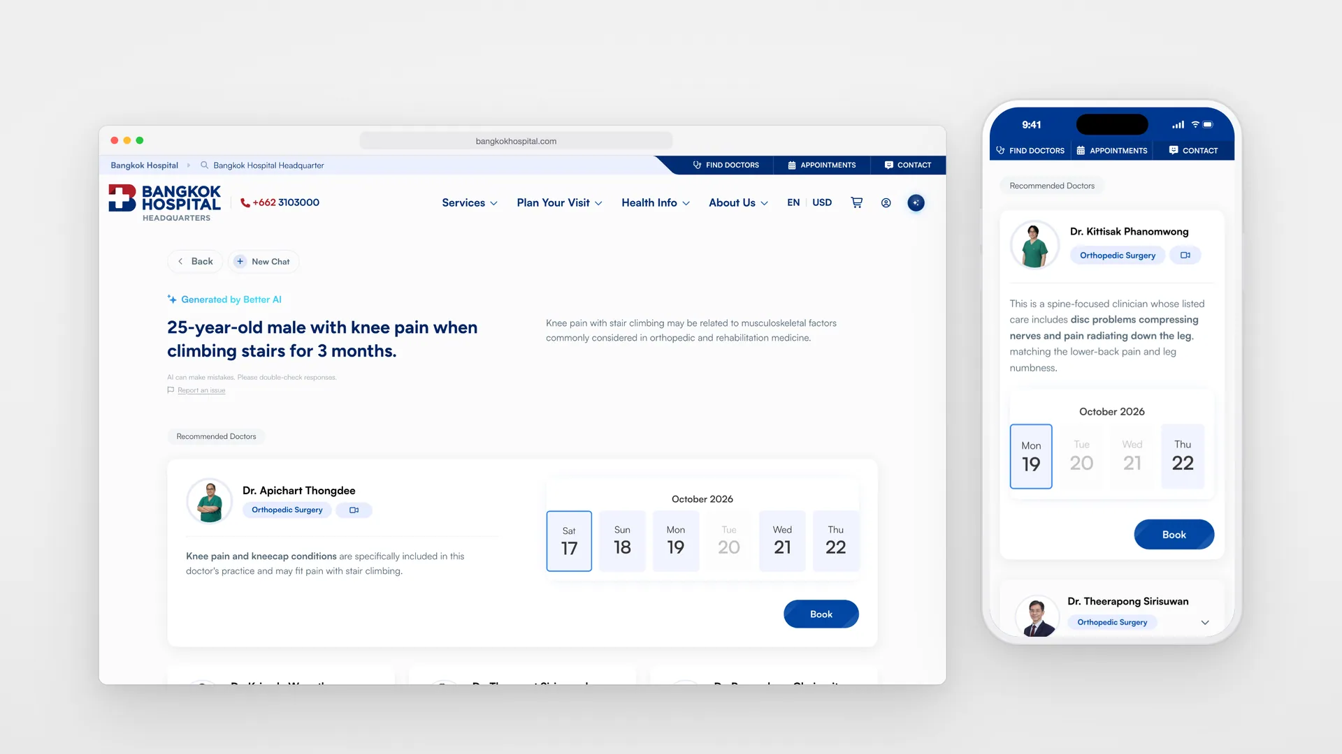 Better AI results on desktop beside a phone: recommended orthopaedic surgeons, the reason each fits and open dates with Book