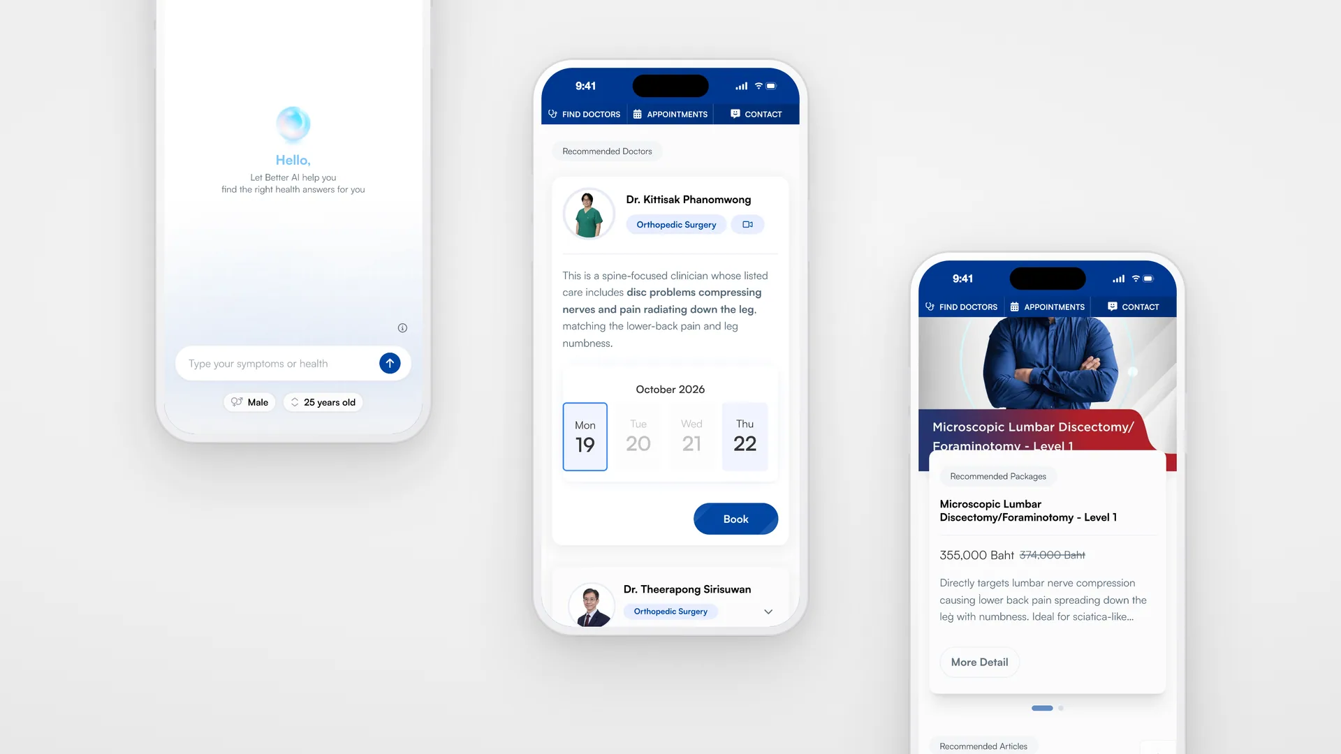 Better AI on three phones: the welcome screen, an orthopaedic surgeon with open dates and Book, and a recommended package with its price