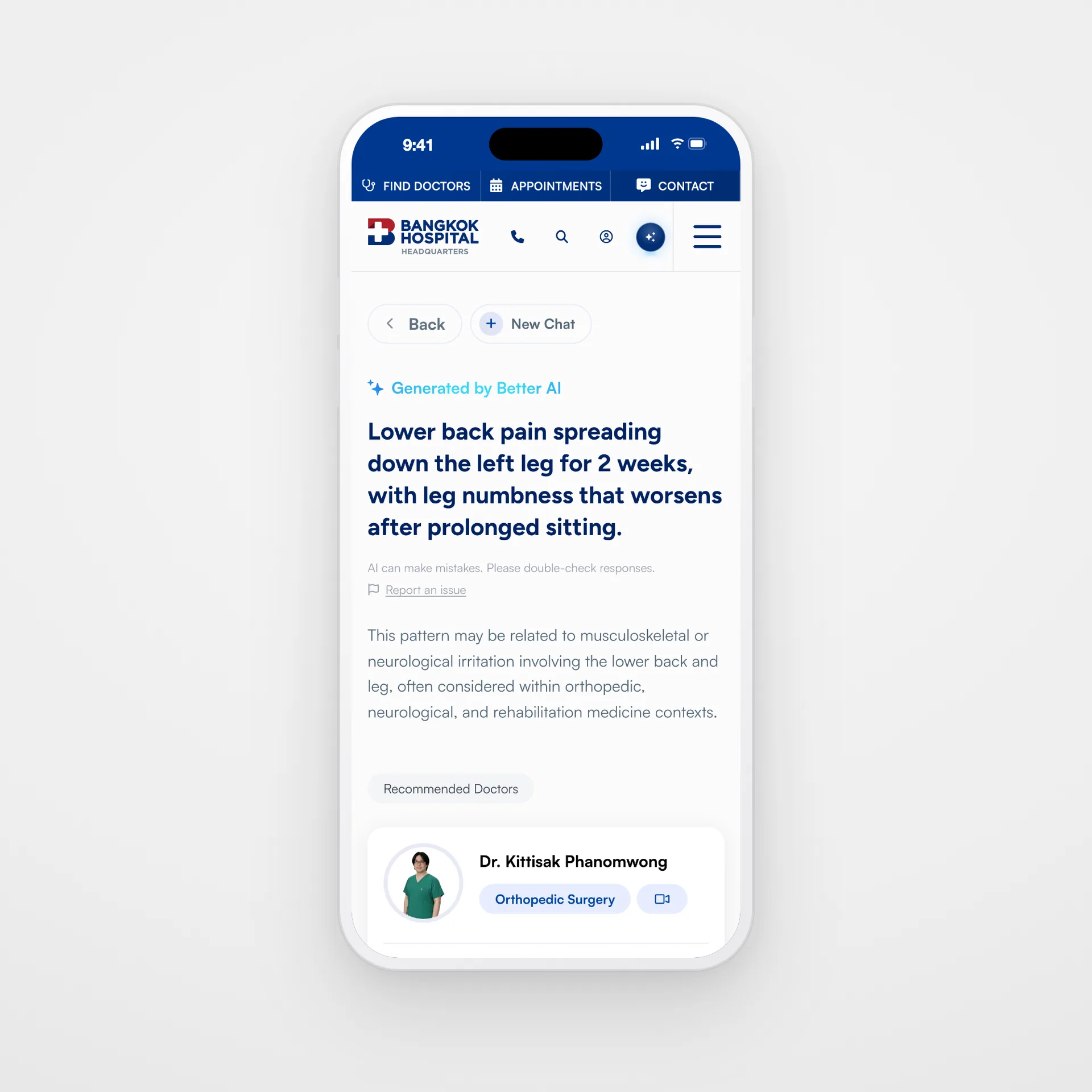 Better AI results on a phone: a plain-language summary of lower back pain down the left leg, and the first recommended surgeon