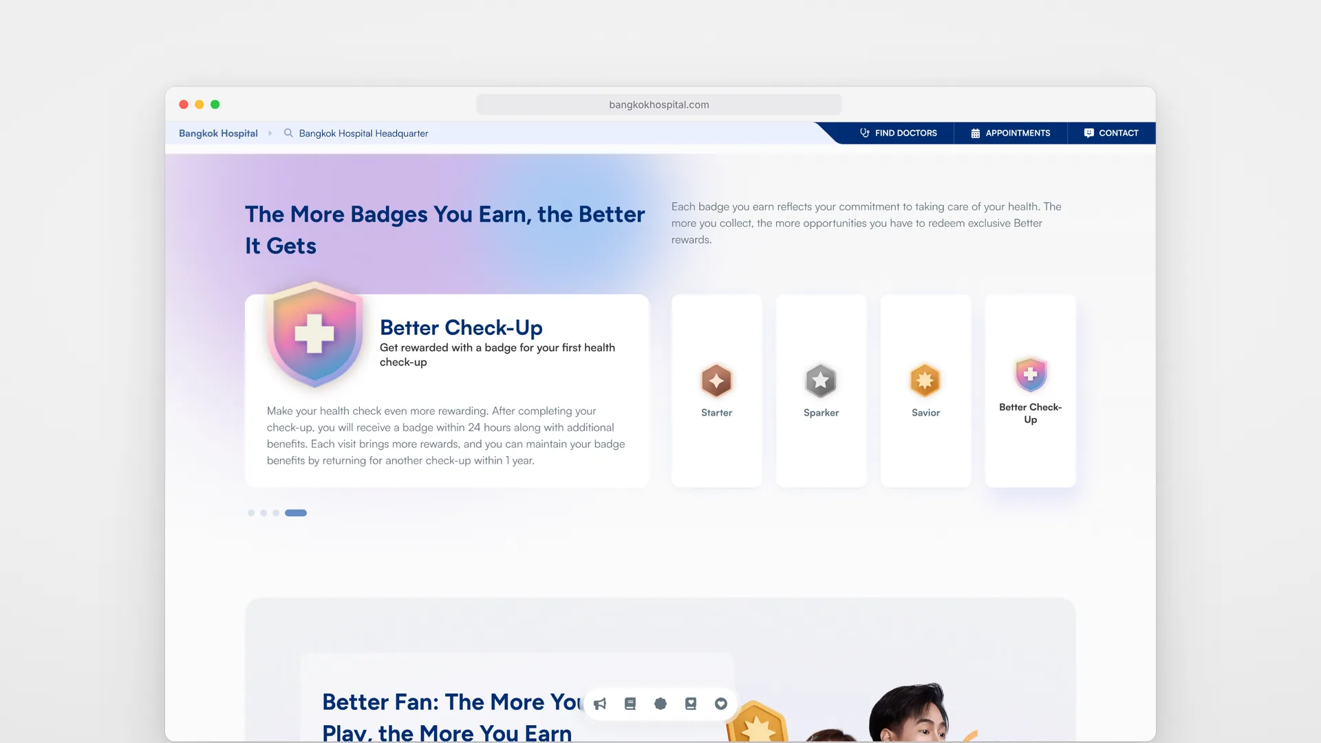 Better Club badge showcase on desktop: the Better Check-Up badge, then Starter, Sparker and Savior
