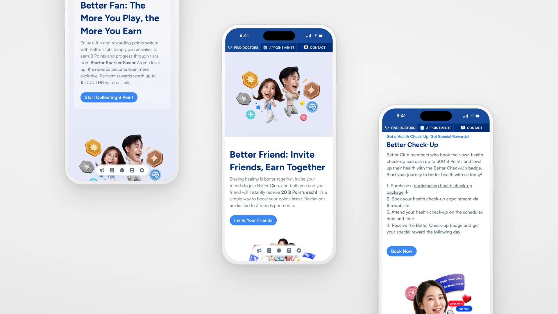 Better Club on three phones: Better Fan, Better Friend with Invite Your Friends, and the Better Check-Up steps
