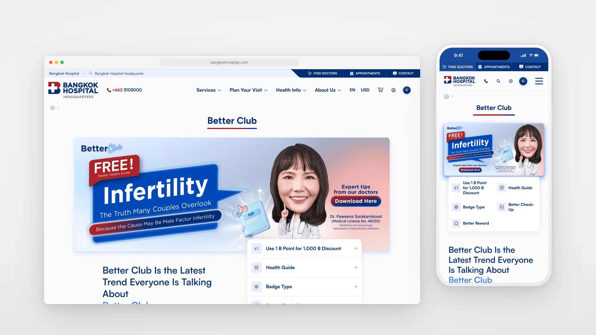 The Better Club page on desktop and on a phone: a Health Guide banner and the club’s quick menu