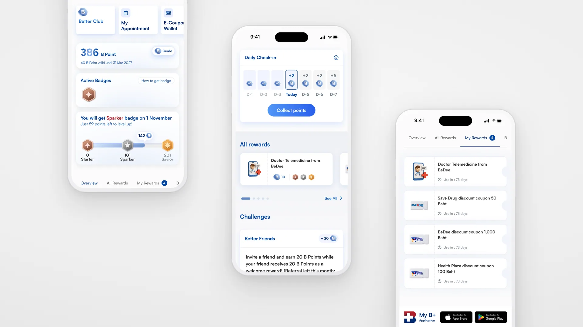 A member’s Better Club page on three phones: B Points and badge progress, daily check-in and rewards, and redeemed coupons