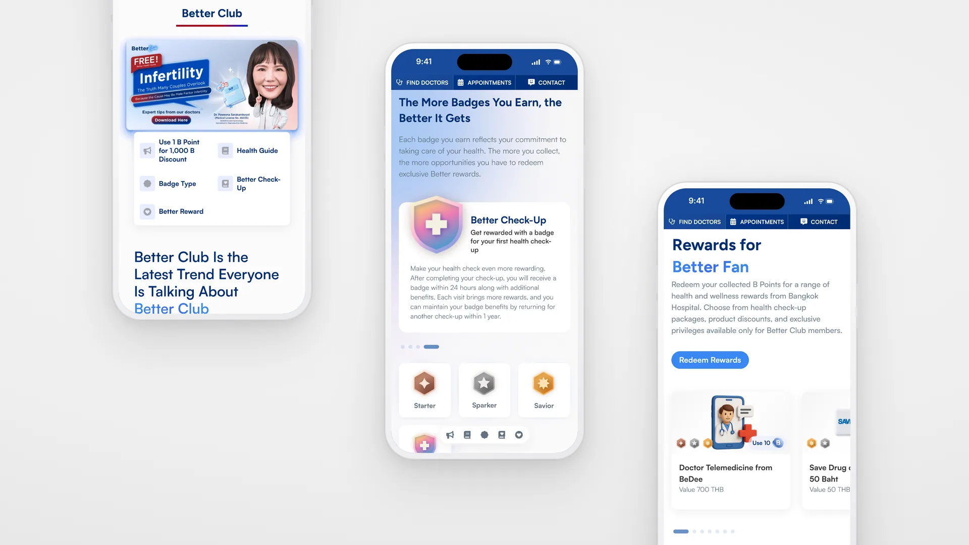 Better Club on three phones: the banner and quick menu, the badge showcase, and Rewards for Better Fan
