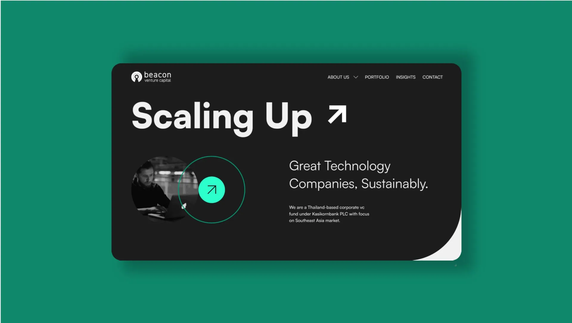 Beacon VC desktop home page: the dark Scaling Up banner and Great Technology Companies, Sustainably