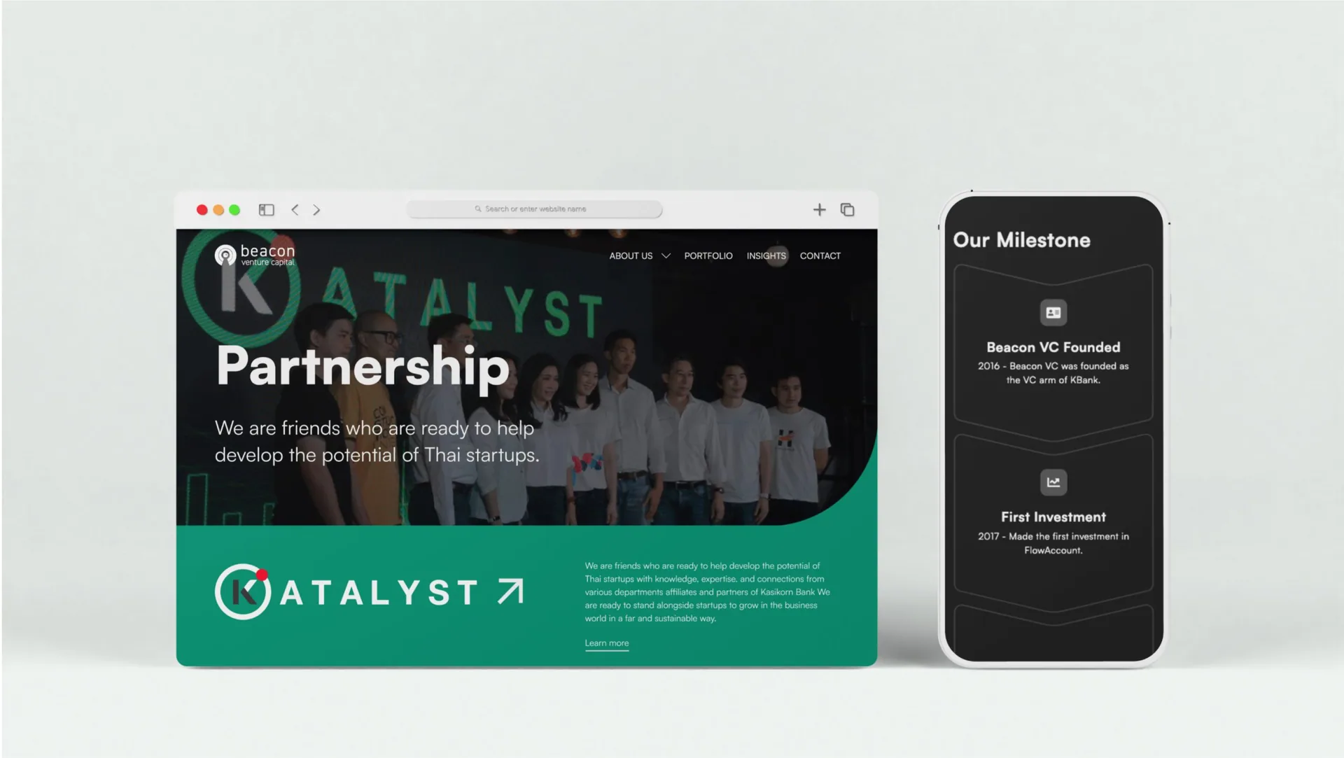 Beacon VC Partnership page featuring Katalyst on desktop, beside the Our Milestone timeline on a phone