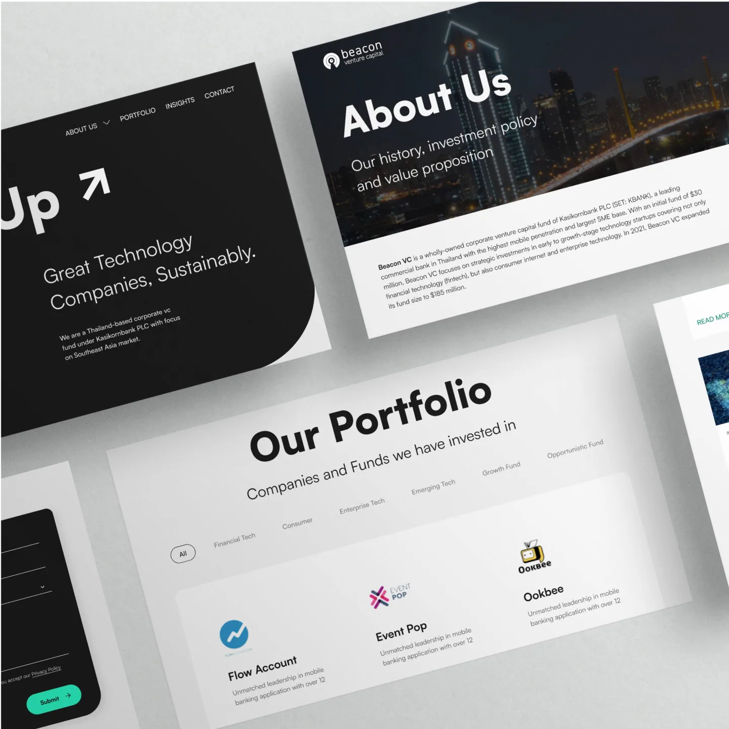 Beacon VC desktop pages: home, About Us, and Our Portfolio with category filters and company cards such as Flow Account