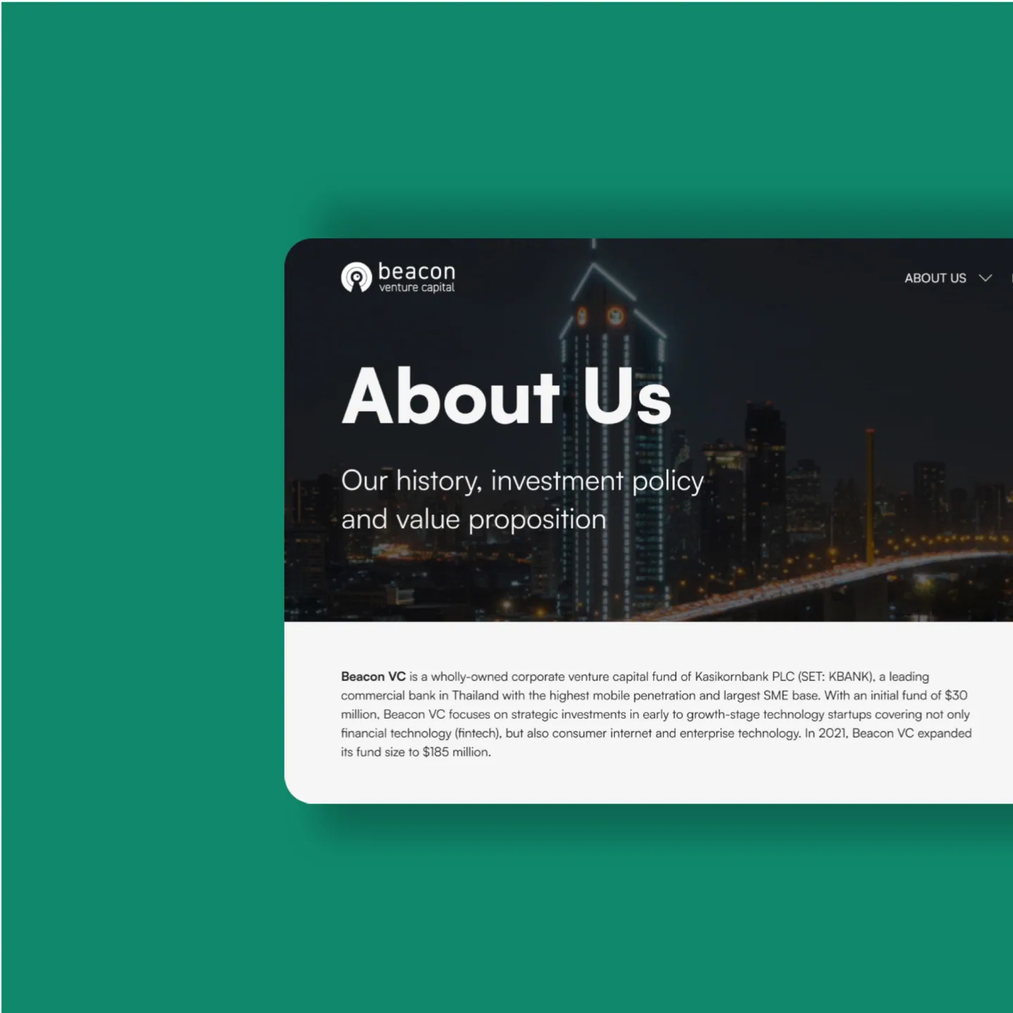 Beacon VC About Us page on desktop: a night skyline behind Our history, investment policy and value proposition