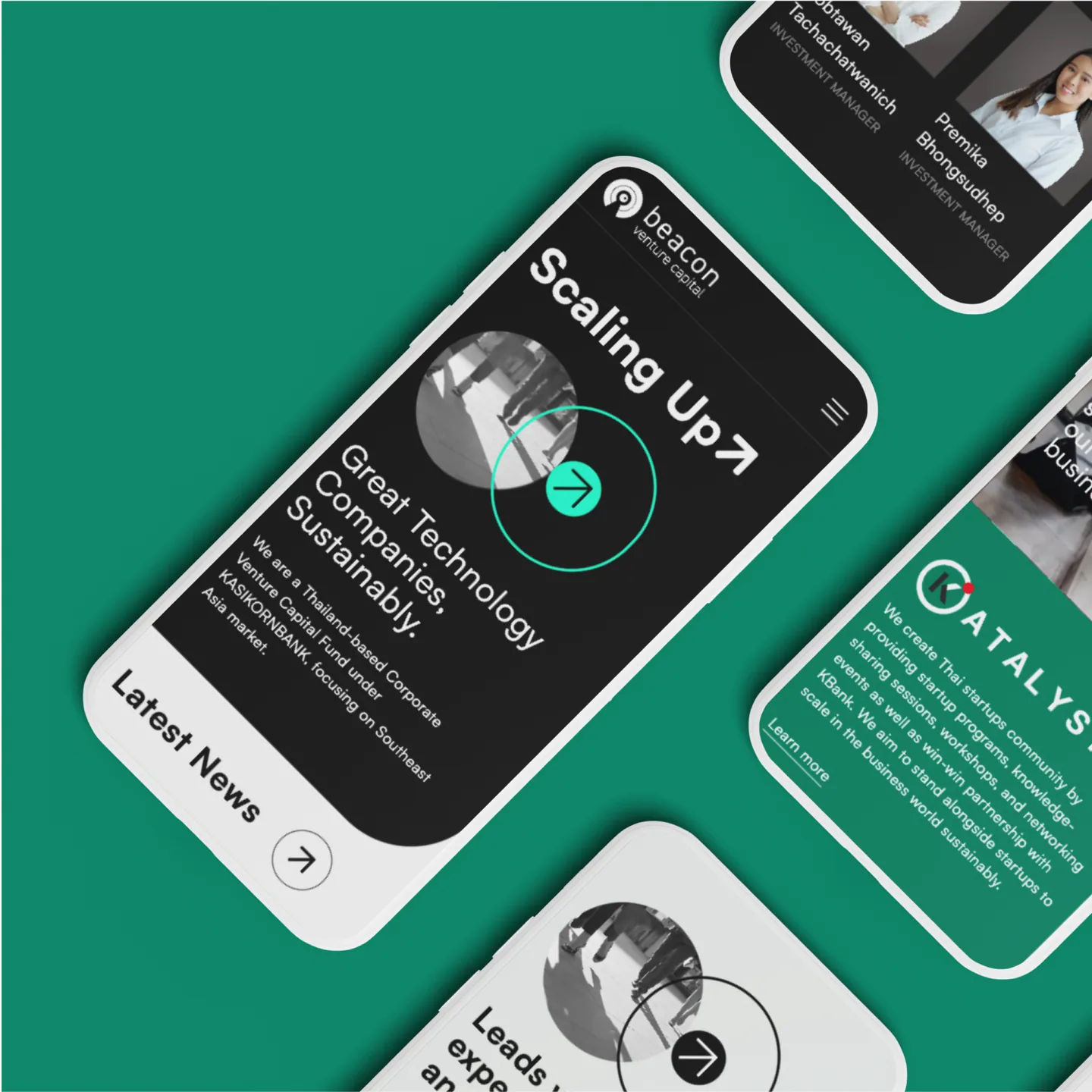 Four phones with Beacon VC mobile pages: the Scaling Up home page, team profiles and the Katalyst section