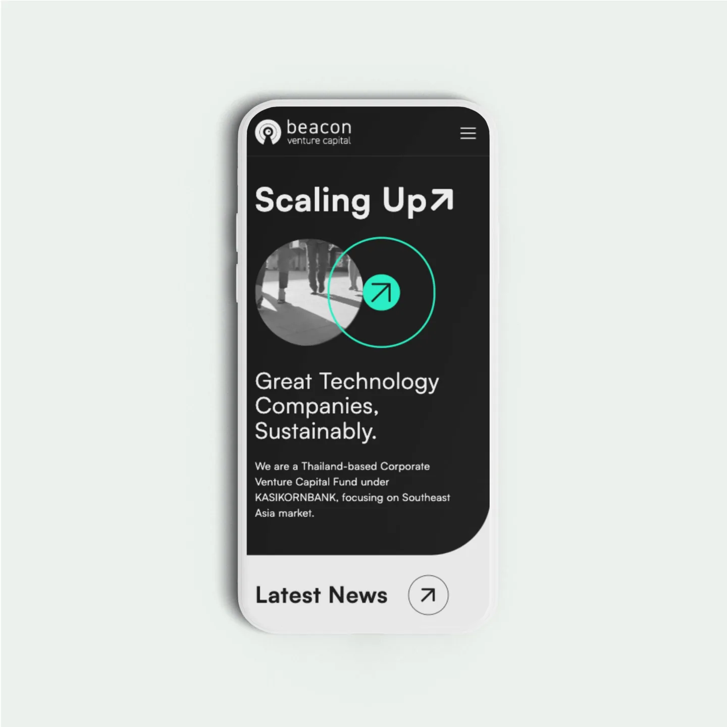 Beacon VC mobile home page on one phone: the Scaling Up banner, a short fund introduction and Latest News