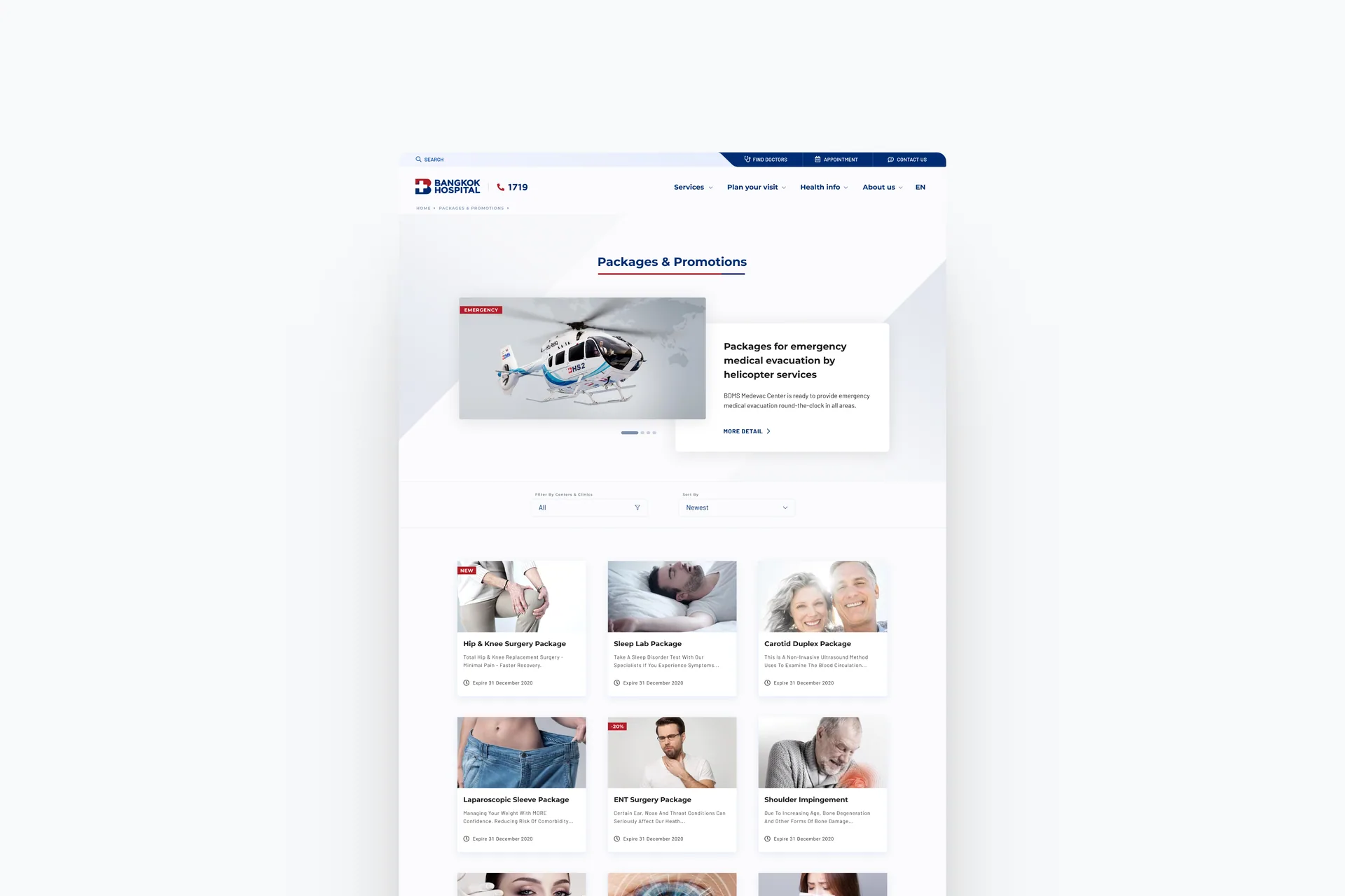 Packages & Promotions page on desktop, led by an emergency medical evacuation package