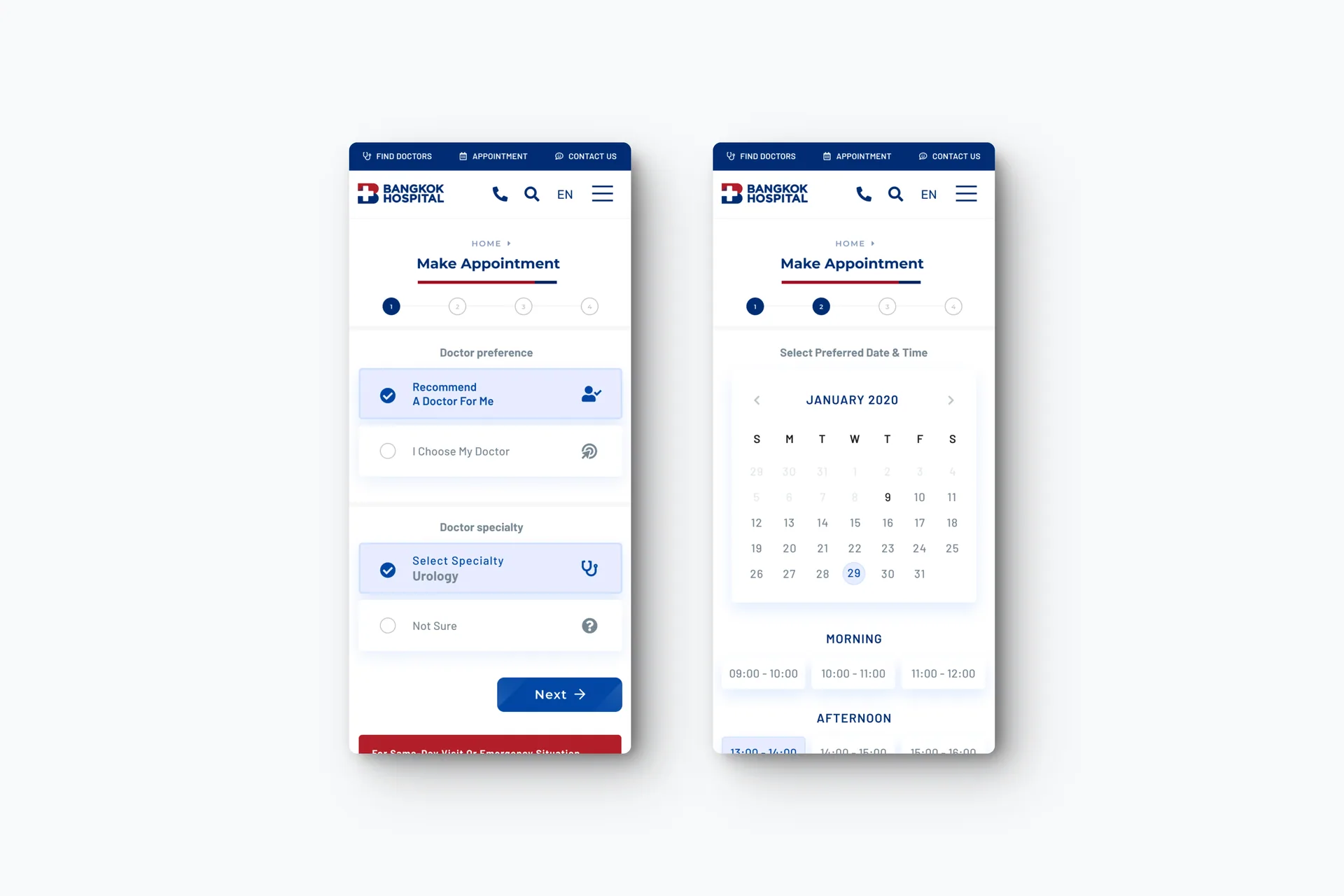 Mobile appointment booking: doctor preference and specialty, then date and time