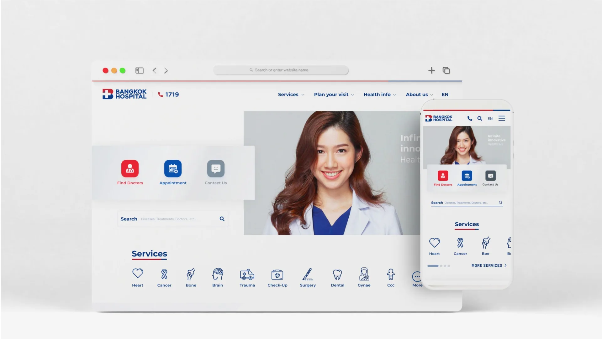 The 2020 Bangkok Hospital home page on desktop and mobile, with Find Doctors, Appointment and service shortcuts
