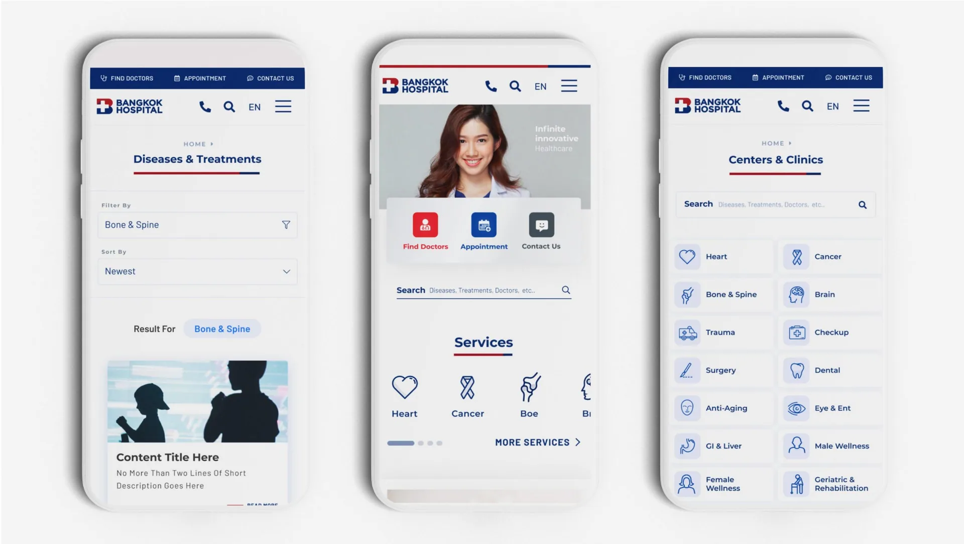 Three mobile screens: Diseases & Treatments, the home page with service shortcuts, and Centers & Clinics