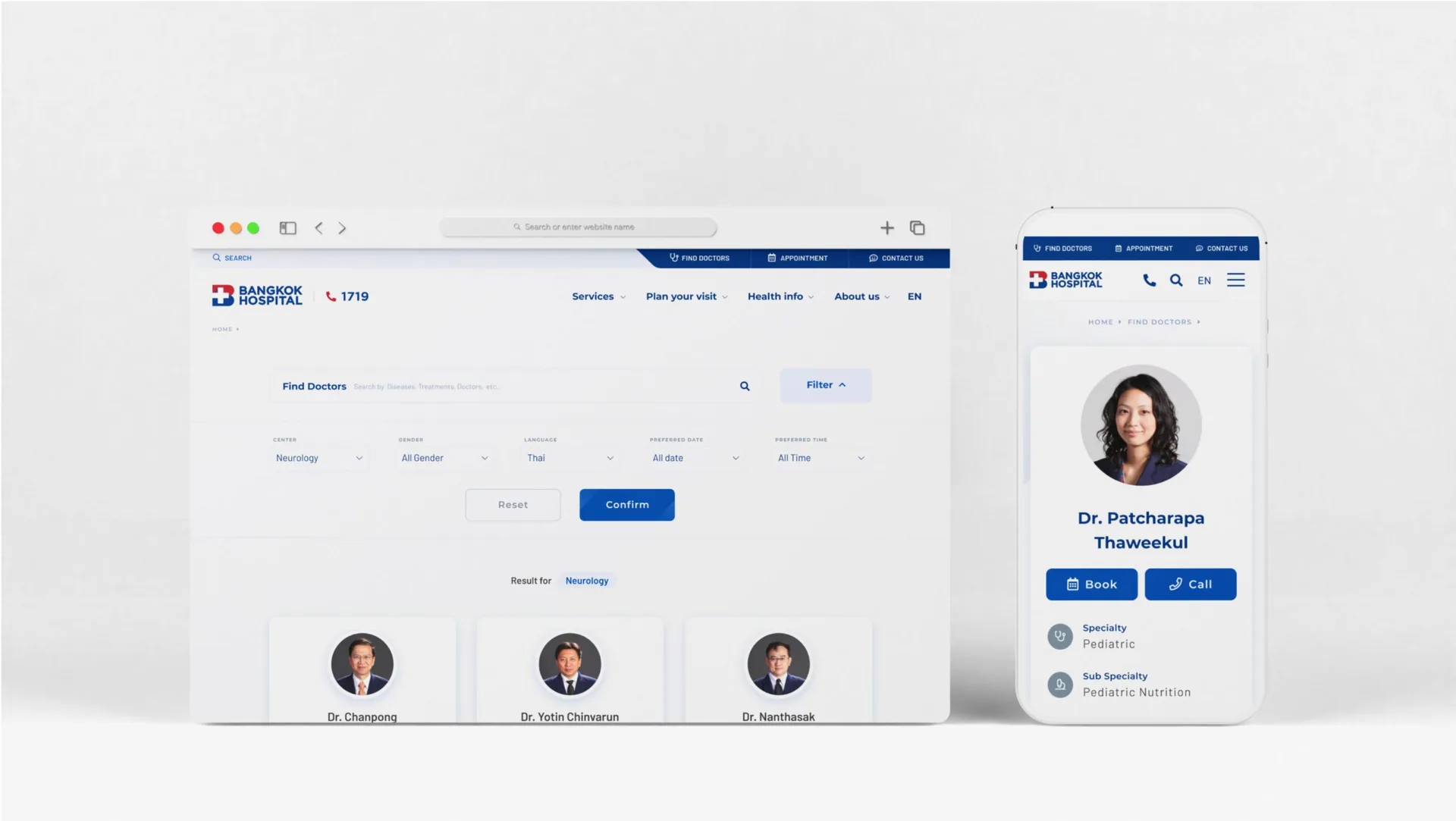 Find a Doctor search with specialty filters on desktop, and a doctor profile with booking on mobile