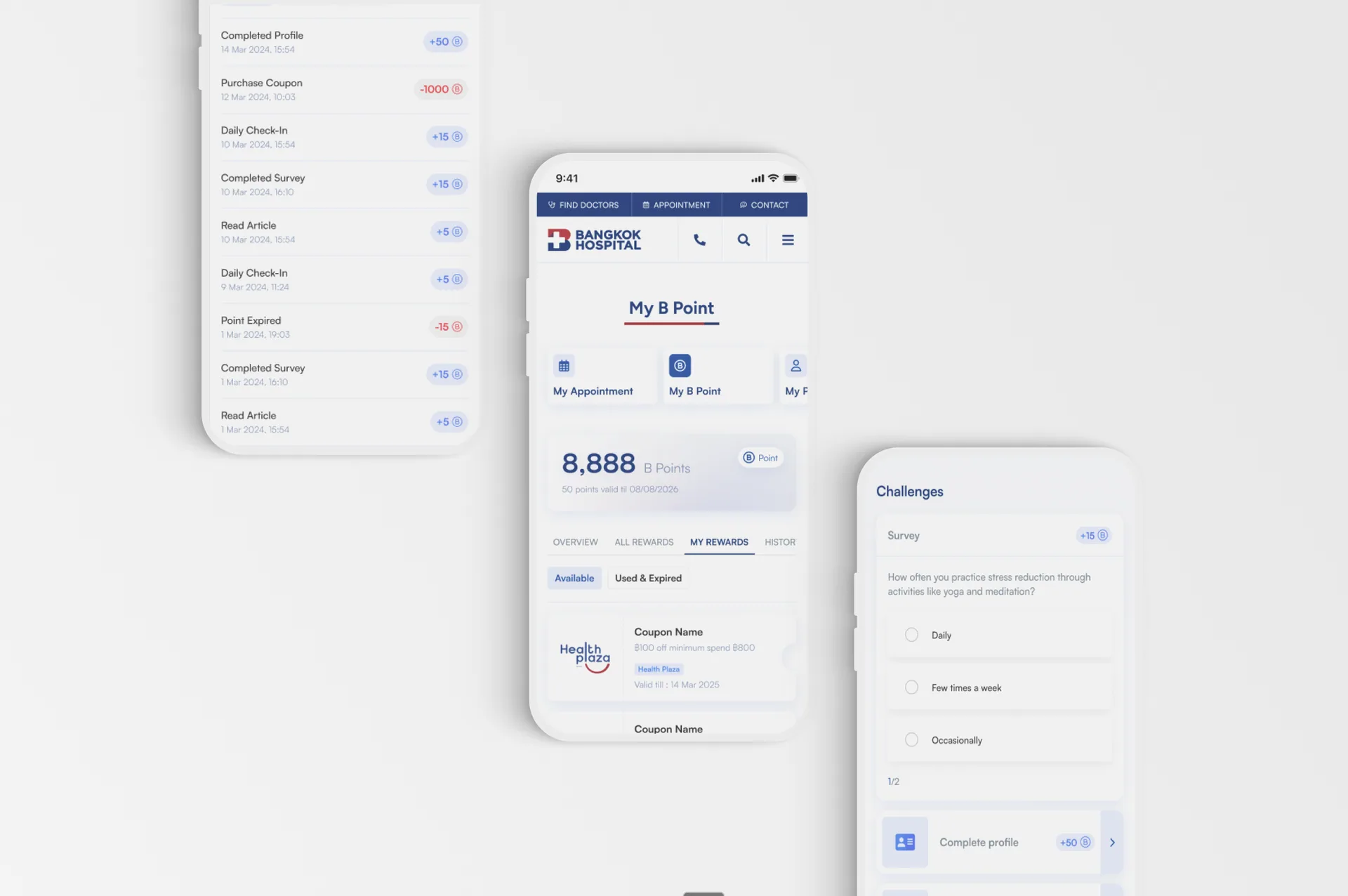 The B Point loyalty screens: balance, rewards, coupons, challenges and earning history