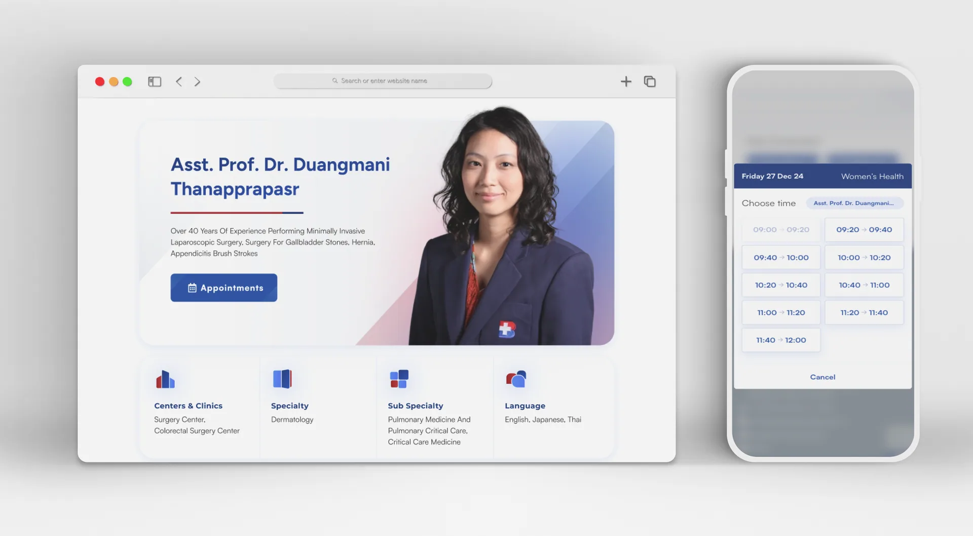 A doctor profile with specialty, subspecialties and languages, and the appointment time picker on mobile