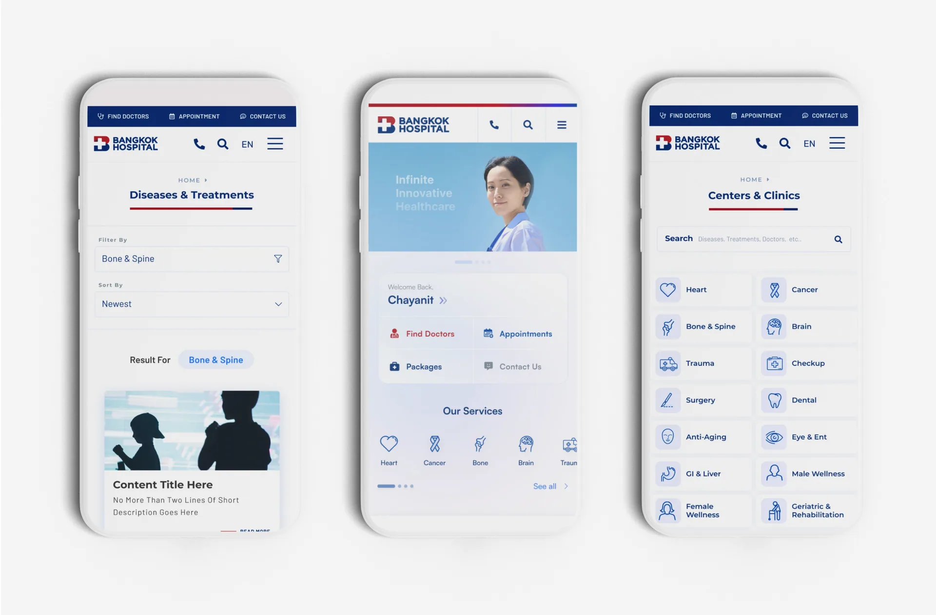 Three version 2 mobile screens: Diseases & Treatments, the home page and Centers & Clinics