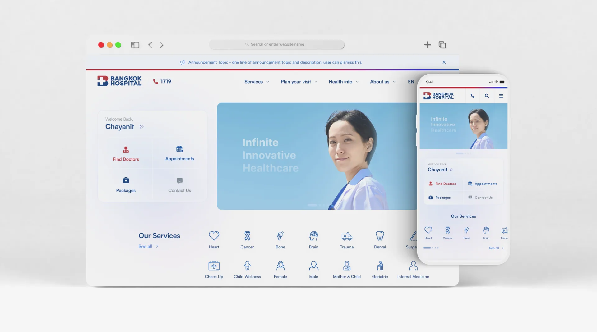 The version 2 Bangkok Hospital home page on desktop and mobile