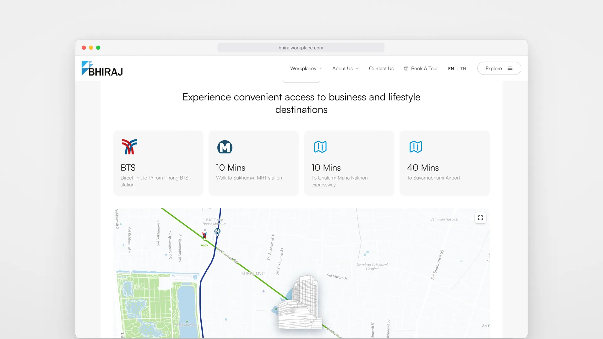 BHIRAJ Tower at EmQuartier page on desktop: travel times to BTS, MRT and the airport above a map with the rail lines