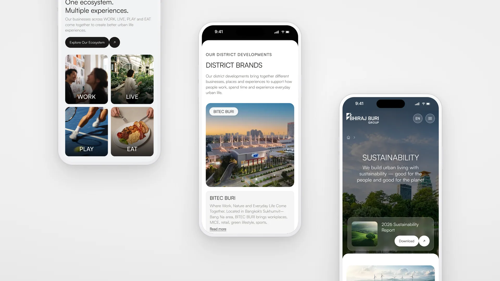 Bhiraj Buri Group on three phones: the ecosystem cards, the BITEC BURI district, and the Sustainability page