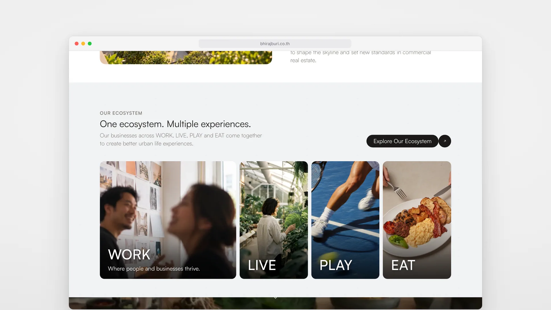 Bhiraj Buri Group home page on desktop: One ecosystem, Multiple experiences, with WORK, LIVE, PLAY and EAT cards