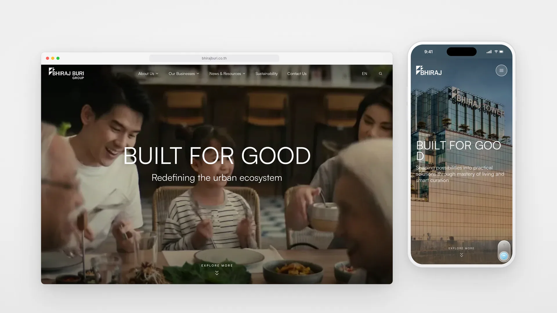 Bhiraj Buri Group home page on desktop beside the BHIRAJ Workplace home page on a phone, both headed Built for Good