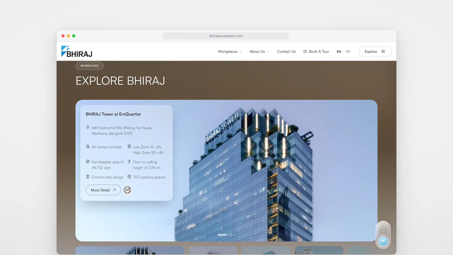 BHIRAJ Workplace home page on desktop: Explore BHIRAJ, with BHIRAJ Tower at EmQuartier, its address and key specifications