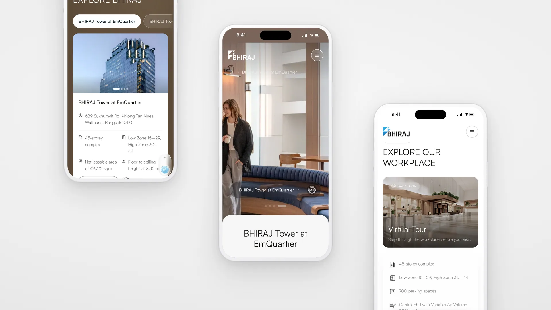 BHIRAJ Workplace on three phones: a building card, the BHIRAJ Tower at EmQuartier page, and its 360° virtual tour
