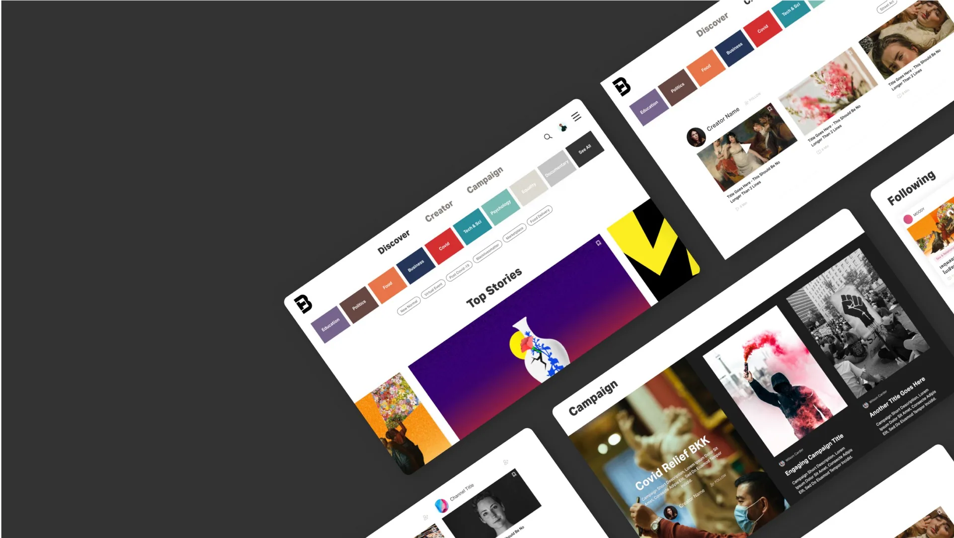 BrandThink desktop pages: Discover with topic tiles and Top Stories, a Campaign page and a Following feed