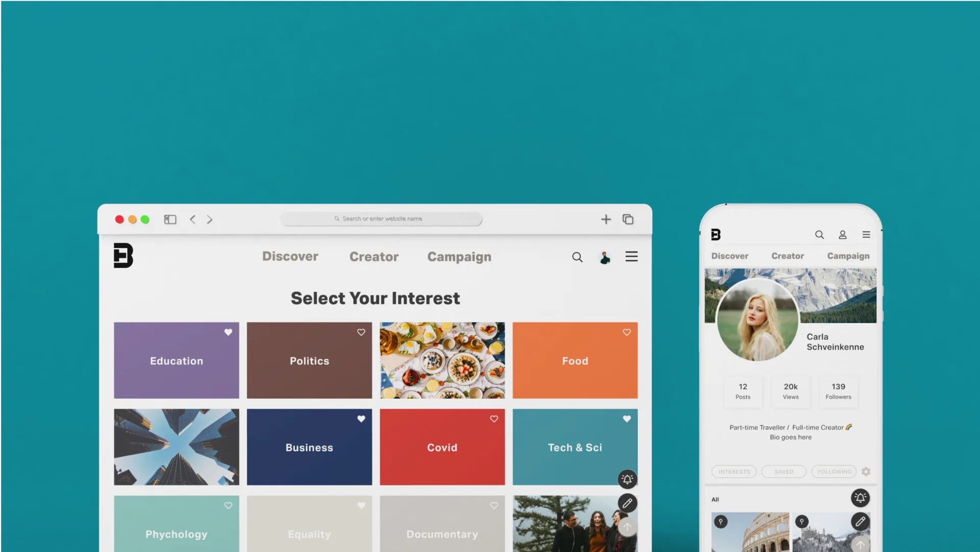 BrandThink: the Select Your Interest grid of topic tiles on desktop, and a creator profile on a phone