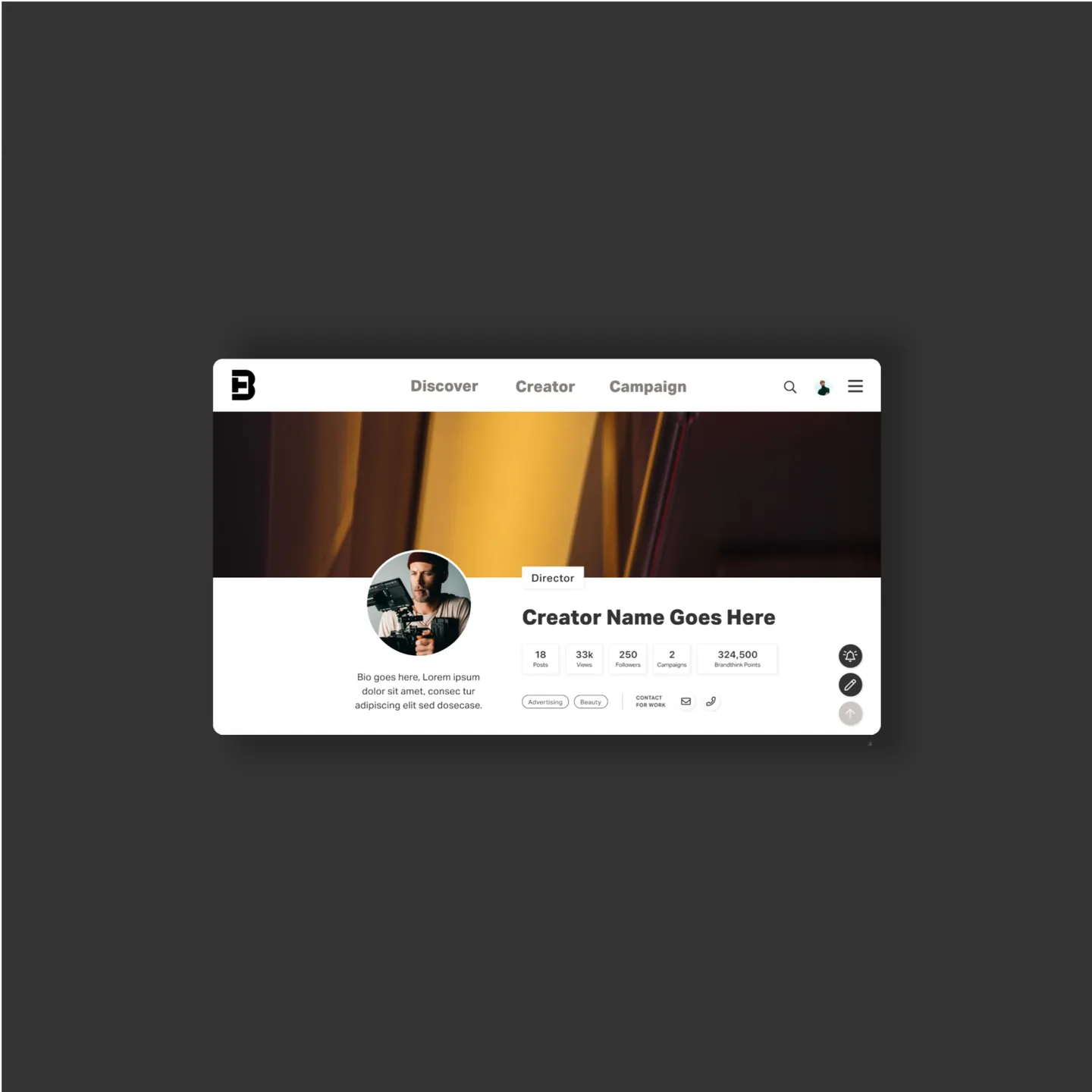 BrandThink creator profile page on desktop: cover photo, avatar, Director label, post and follower counts