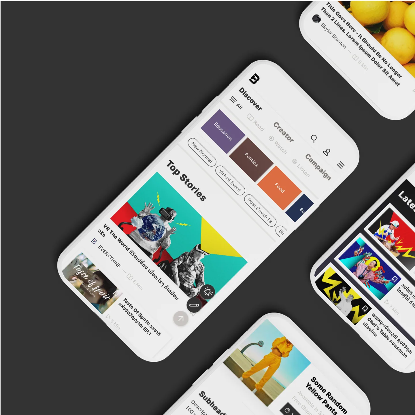 BrandThink phone screens: the Discover tab with Top Stories, a Latest list and article pages