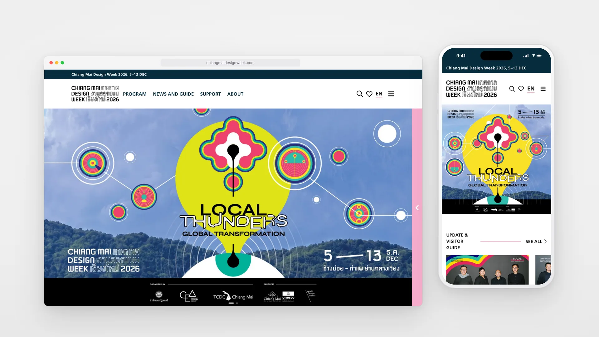 Chiang Mai Design Week 2026 home page on desktop and on a phone, with the Local Thunders banner