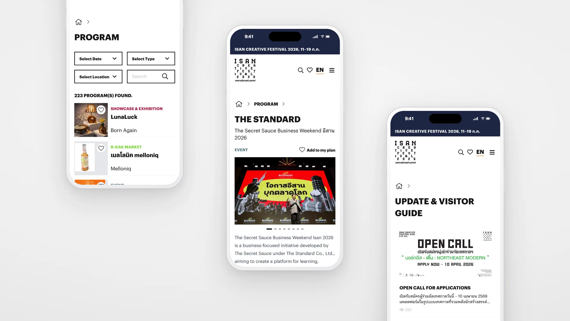 Three phones: the Isan Creative Festival program list, a program page for The Standard, and the visitor guide