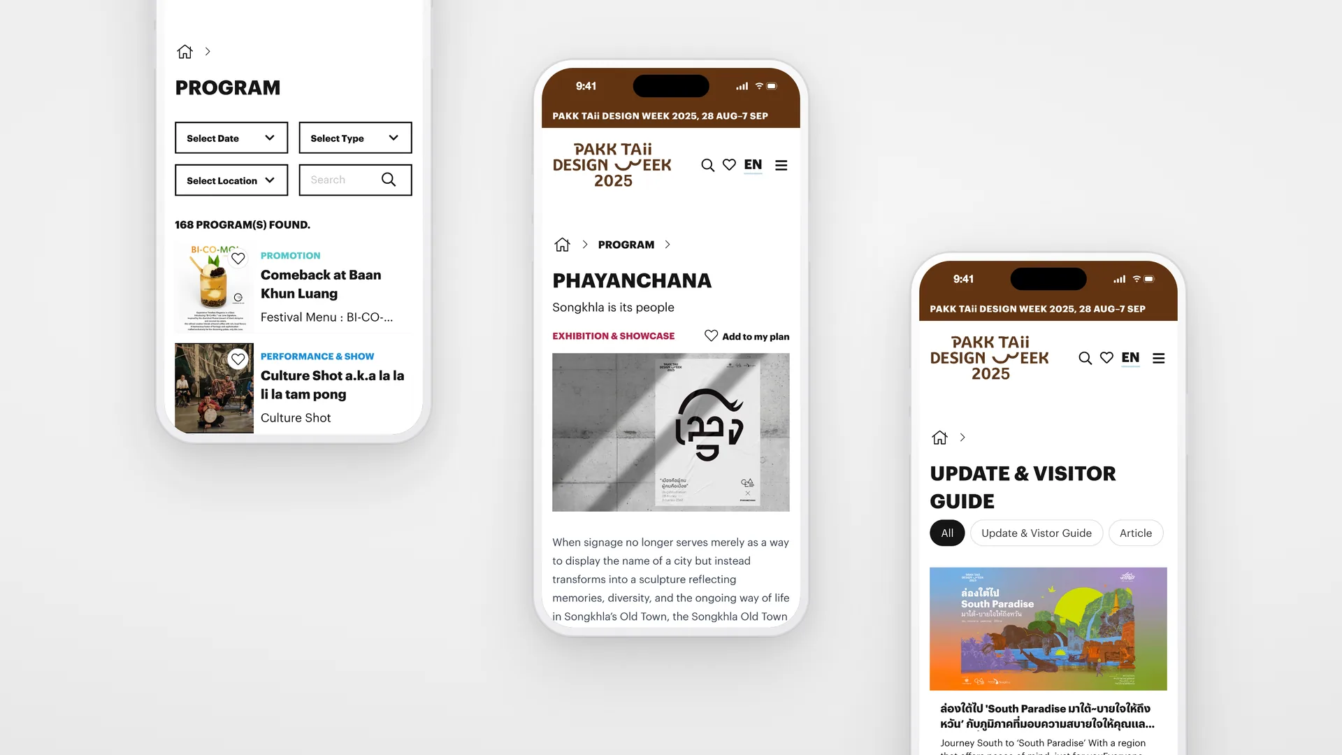 Three phones: the Pakk Taii Design Week program list, a program page for Phayanchana, and the visitor guide