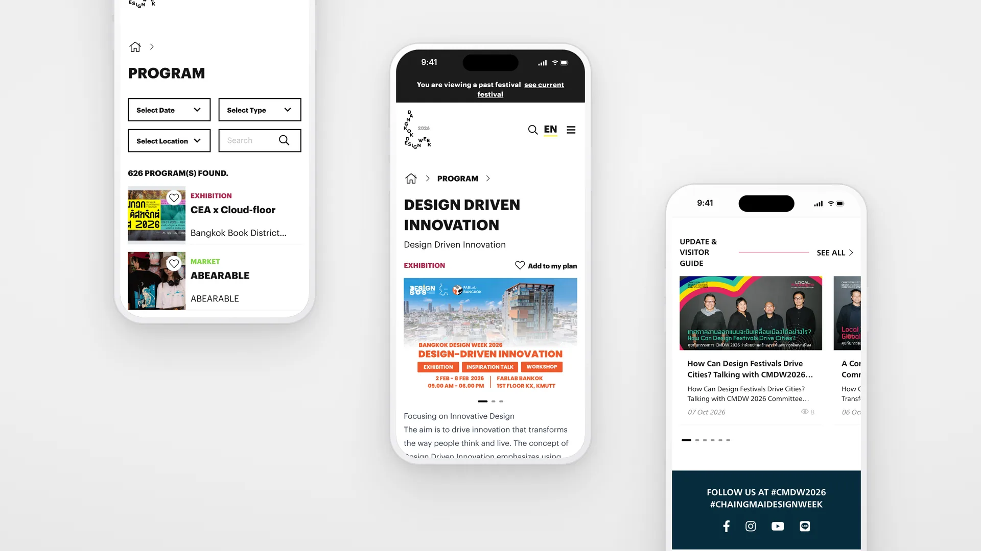 Three phones: the Bangkok program list with filters, a program page, and Chiang Mai’s news and visitor guide with view counts