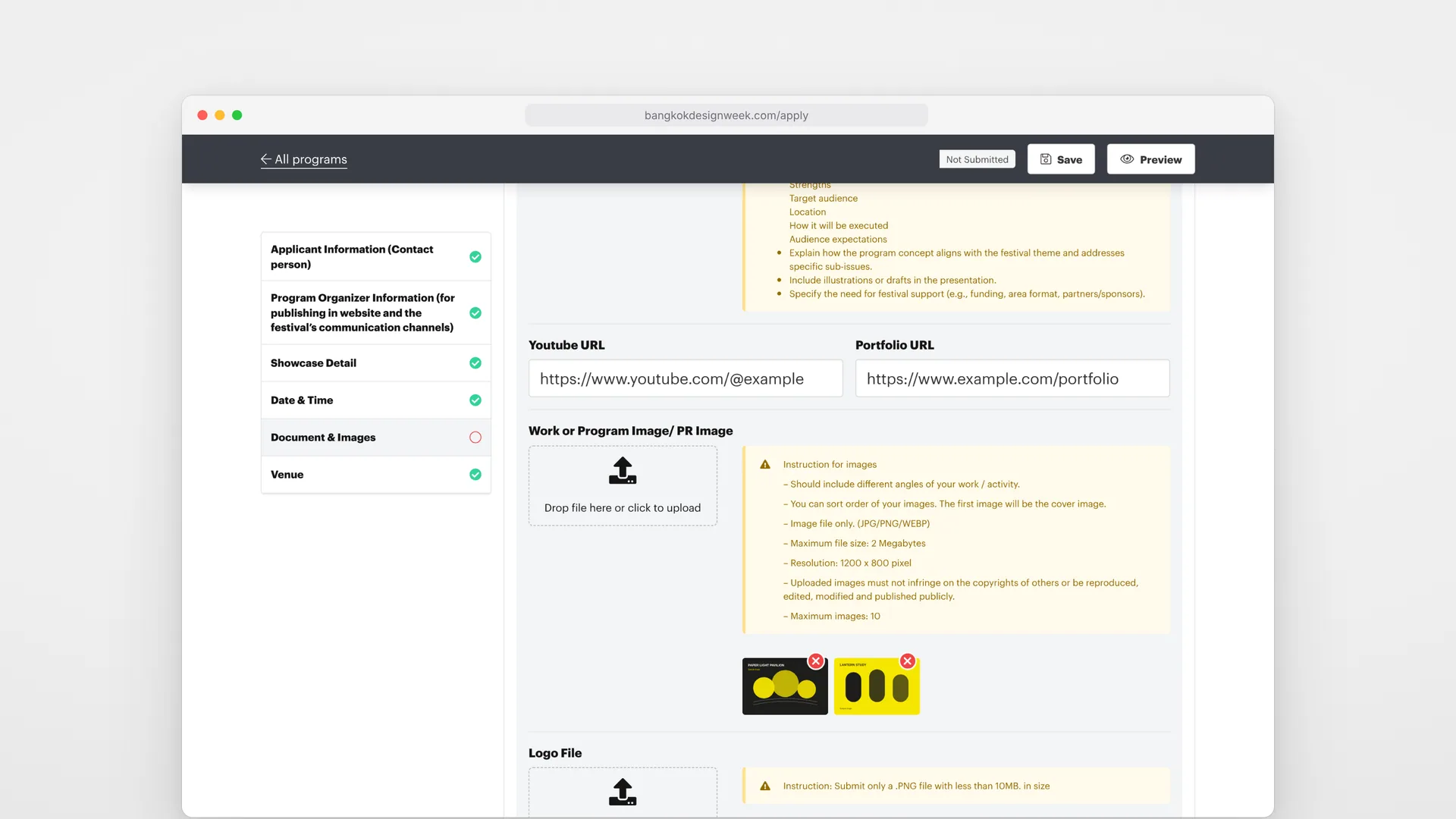 The application’s Document & Images step on desktop: YouTube and portfolio links and uploaded images, with sample data