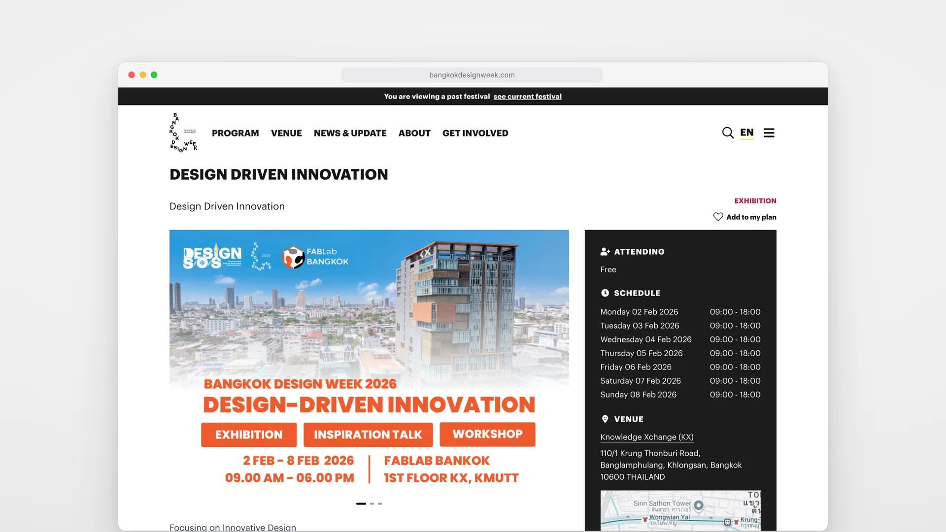 A Bangkok Design Week 2026 program page on desktop: poster, opening hours for each day, the venue and Add to my plan