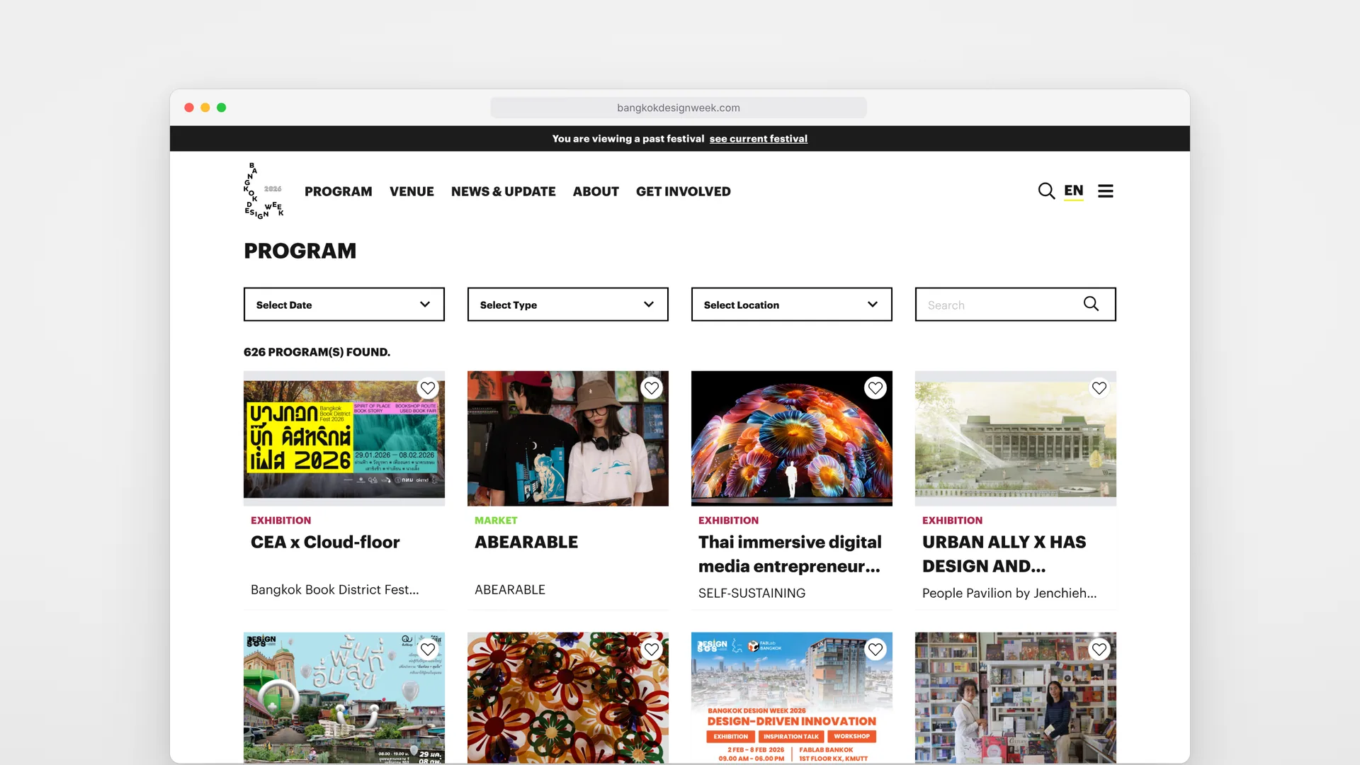 Bangkok Design Week 2026 program list on desktop with date, type, location and search filters above program cards
