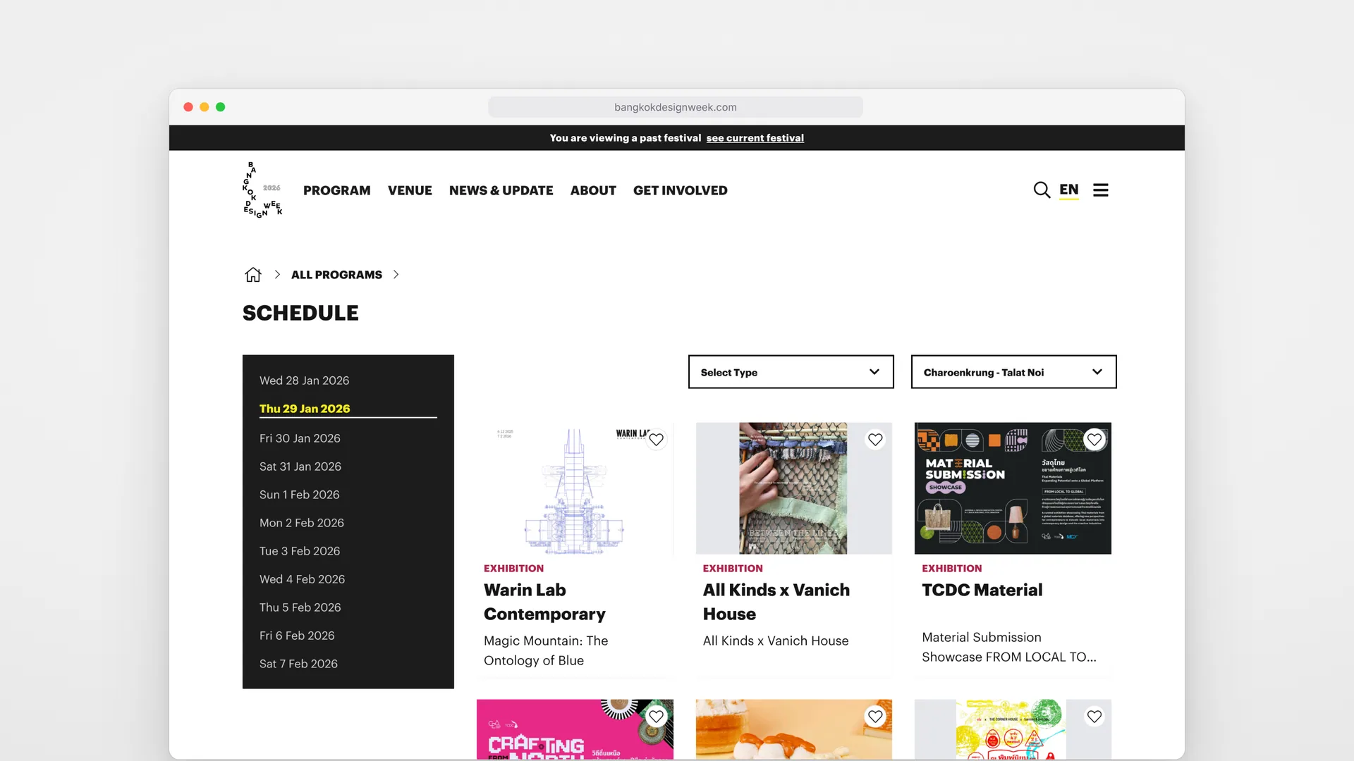 Bangkok Design Week 2026 schedule on desktop: a list of festival days, one day chosen, filtered to Charoenkrung - Talat Noi