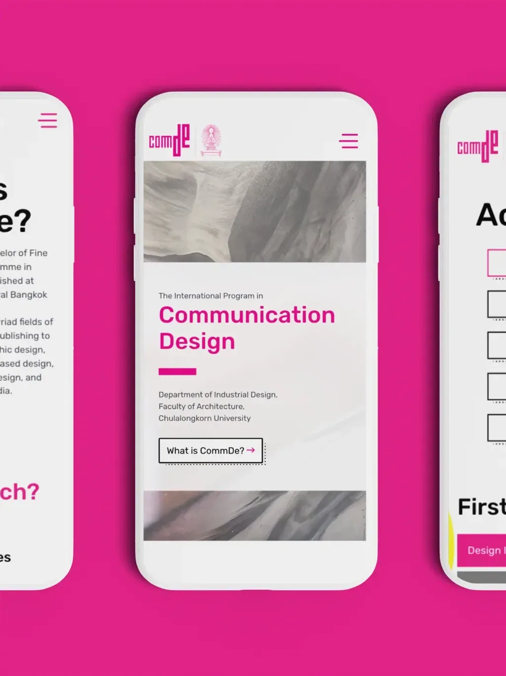 CommDe mobile home page for the International Program in Communication Design, flanked by two more phones