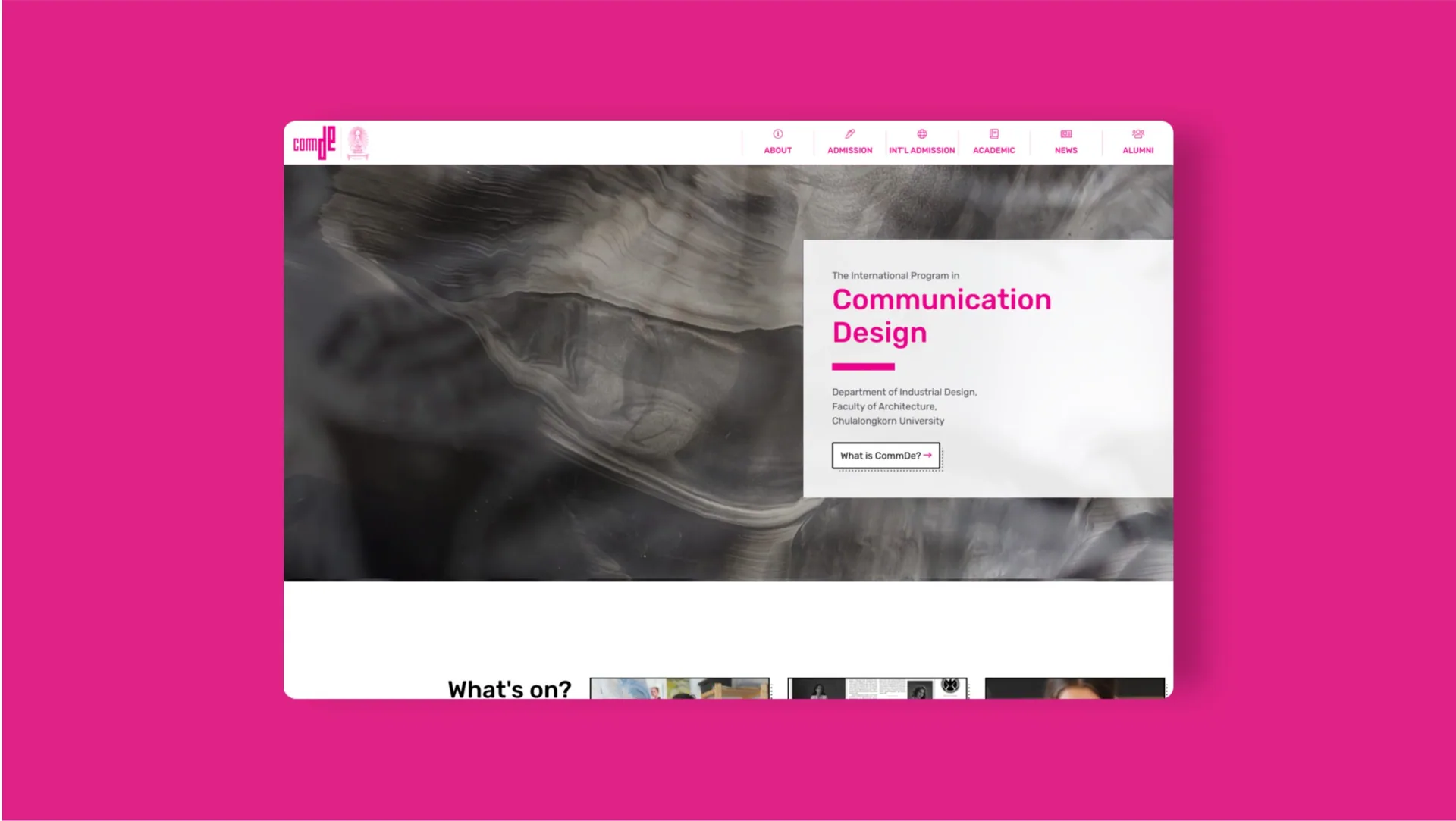 CommDe home page on desktop: a grey textured banner, the Communication Design panel and What's on? below