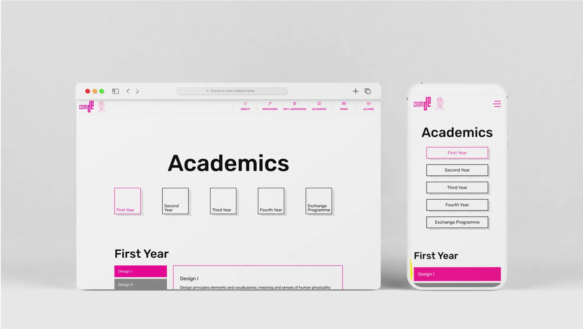 CommDe Academics page on desktop and mobile: year tabs from First Year to Exchange Programme above the First Year courses