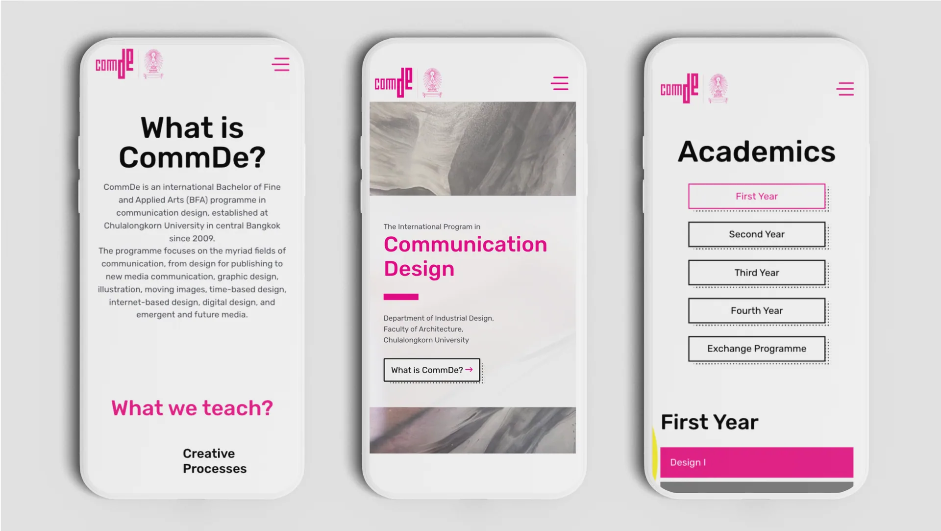 Three phones: What is CommDe?, the Communication Design home page, and Academics listed by year