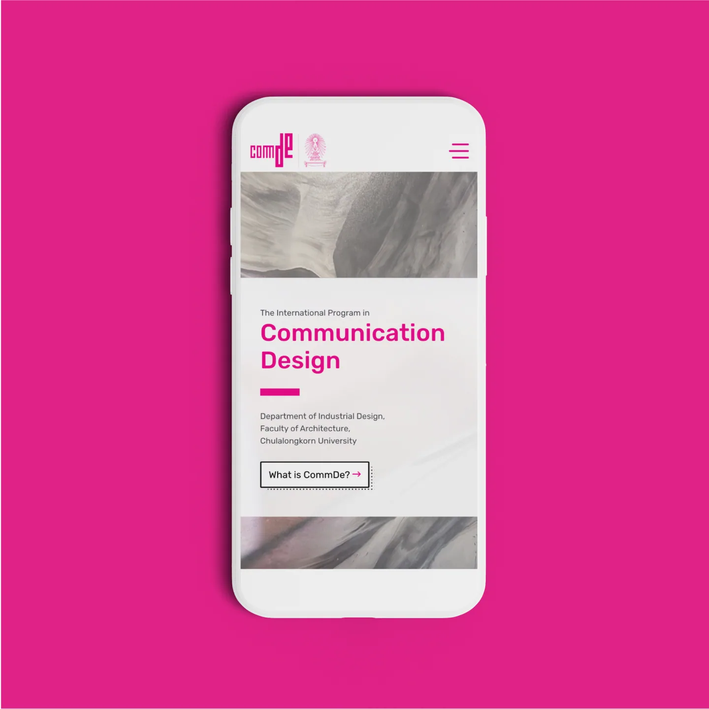 CommDe mobile home page on a single phone, headed The International Program in Communication Design