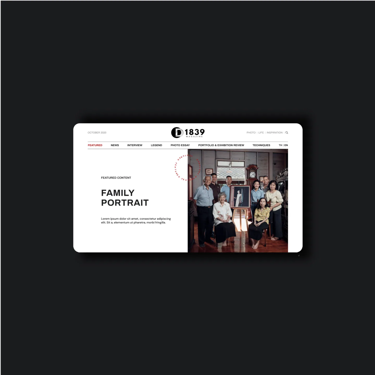 D1839 Featured page on desktop: Featured Content titled Family Portrait, beside a family group photo